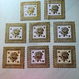 Set of 8 Vintage 5” Square Plastic Gold Embossed Doilies